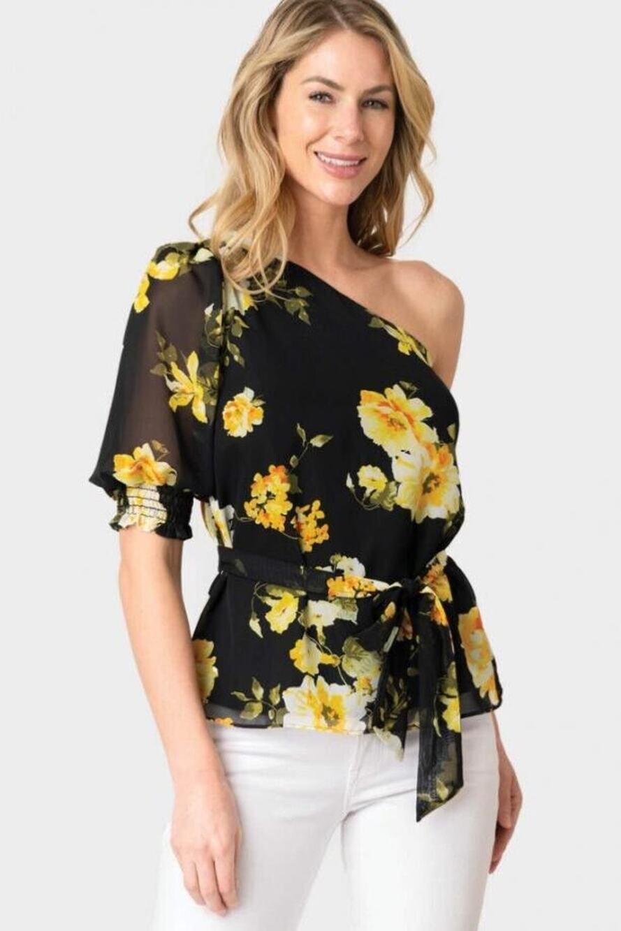 GIBSONLOOK Blouses | One Shoulder Tie Waist Blouse Black Yellow Floral (b16)